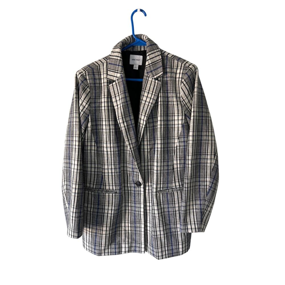Nine West Blue Plaid Long Line Blazer Coat Large